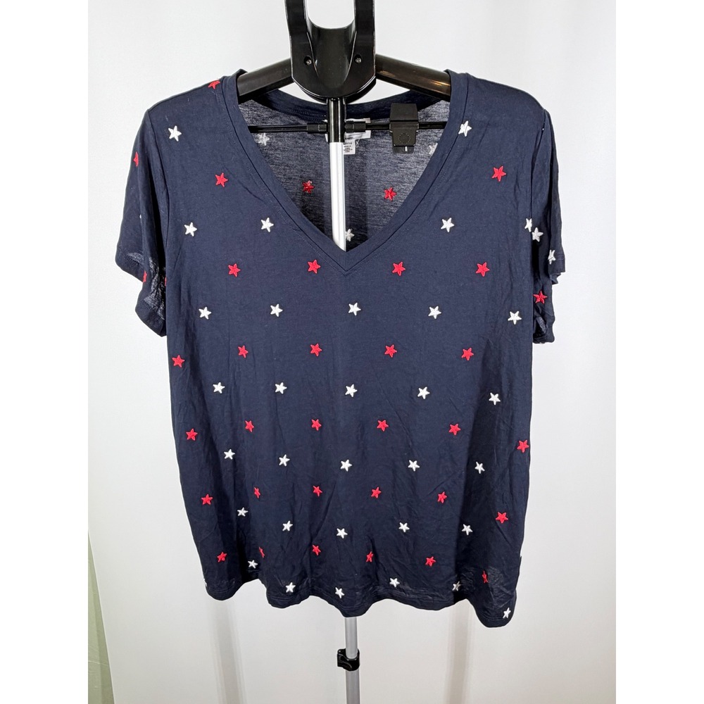 For The Republic Navy Blue Embroidered Star V-Neck Tee Womens 2X Patriotic Shirt
